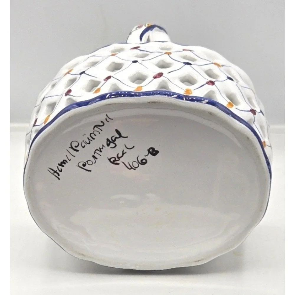 Vintage Portugal Hand Painted Reticulated Ceramic Basket Open Weave Figurine